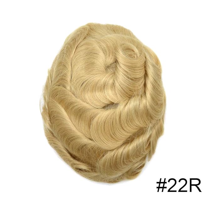 Mens Toupee Human Hair System Durable Fine Mono Lace Men Replacement PU Poly Skin Around Light to Medium Density Wig Hairpiece (6"X8", 22R Light Blonde)