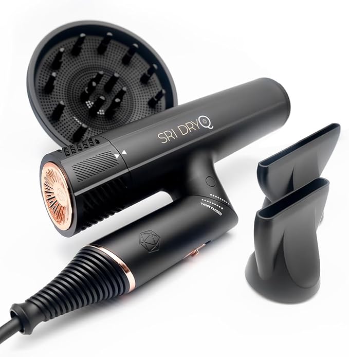 SRILabs DryQ “Smart” Hair Dryer - Super Lightweight, Foldable - Powerful, Quiet Motor - Infrared and Ionic Technology - 3 Magnetic Attachments - Heat Control with Locking Switch