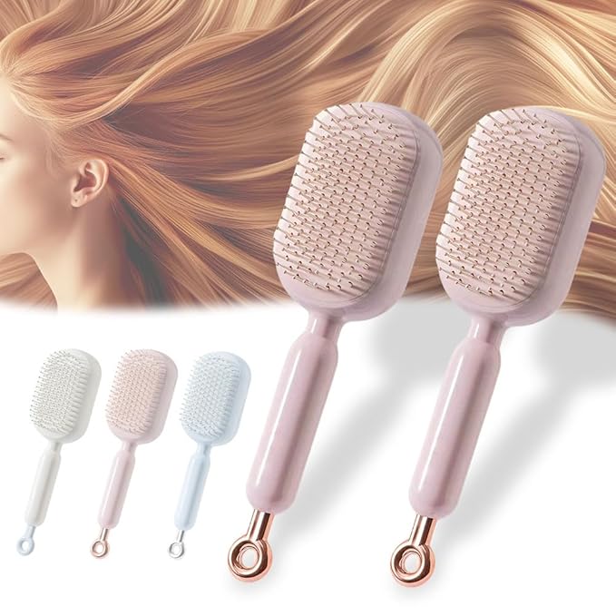 Retractable Cushion Massage Comb Brush, 2026 New Self Cleaning Hair Brush, Anti Static Massage Comb Air Cushion Comb for Women (Pink, 2pcs)