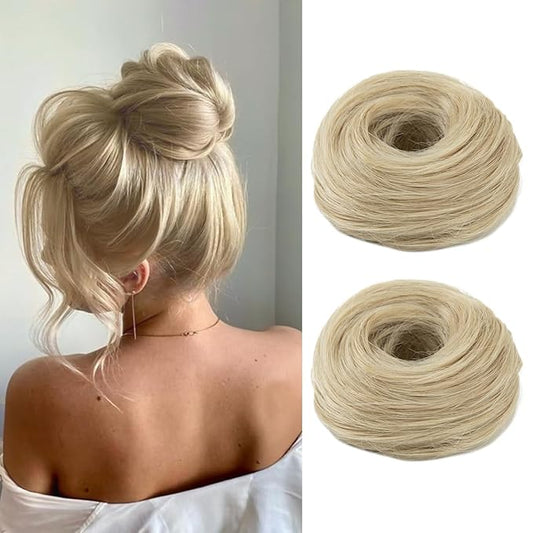 2PCS Small Cute Messy Bun Hair Piece for Thin Hair Women Mini Synthetic Curly Bun Scrunchies Updo Hairpieces Ash Blonde