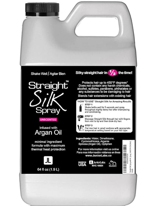 Straight Silk Spray with Moroccan Argan Oil | Hair Straightening Protector & Detangler | Alcohol-Free | Heat Protectant up to 450°F | Flat-Iron | Blow-Dry | Unscented | Hair Spray | MADE IN USA (64oz)