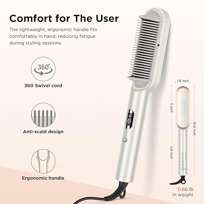 Prizm Hair Straightener Brush, 20s Fast Heating, Negative Ions Hair Straightening Comb with Less Frizz, 4 Temp Settings & LED Display, Anti-Scald Design for Home Salon, Dual Voltage, Champagne Silver