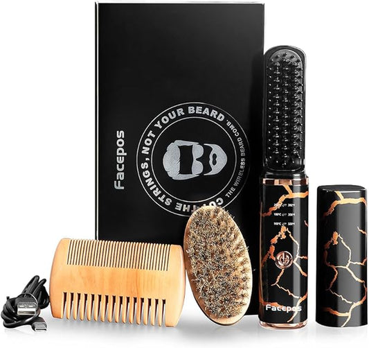Wireless Electric Heated Beard Straightener Set-FACEPOS Elegant Crackle Pattern Design + Bonus Beard Brush & Wooden Comb for Perfect Grooming
