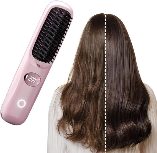 Portable Straightener Brush for Travel, USB Rechargeabl Fast Heating Hair Straightener Comb with 3 Temperature & LED Display, Women Travel Essentials (Pink)
