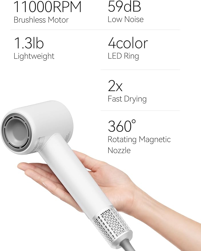 Tideway Hair Dryer, Blow Dryer with Diffuser, Ionic Professional High-Speed 1500W Low-Noise, 110,000 RPM Brushless Motor, Fast Drying, Travel Compact for Women & Men (White)