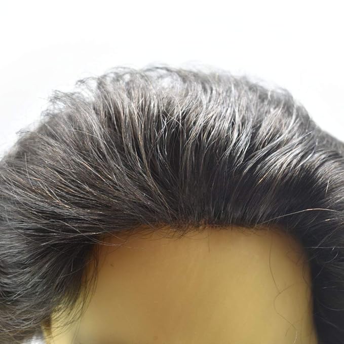 Mens Toupee Human Hair System for Men Durable Fine Mono Lace Men Replacement PU Poly Skin Around Light to Medium Density Wig Hairpiece (6"X9", 1B50 Off Black with 50% gray hair)