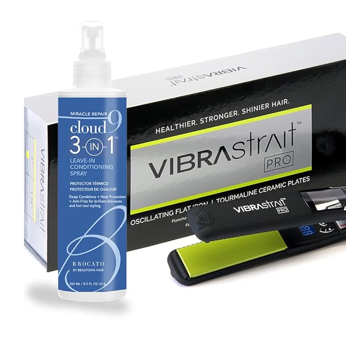 Value Bundle: Vibrastrait PRO 1" Vibrating Ceramic Flat Iron & Cloud 9 Miracle Repair 3-in-1 Heat Protectant and Leave-in Condition Spray