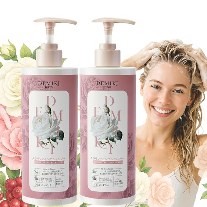DEMIKI Shampoo for Women,Japanese Shampoo for Oily Hair, Keratin Care,Organic Rose Scent, Pink, Moisturizing, Volumizing Hair Care, Anti Dandruff, Sulfate Free & Paraben Free, 450ml,16oz*2