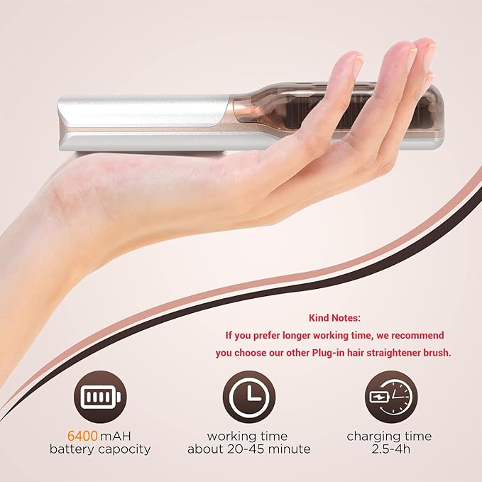 Hot Hair Straightener Brush,Portable Mini Cordless Hair Straightener with Travel Size USB Rechargeable 6400MAH,2 in 1 Hot Comb Hair Straightener for Women & Men with Short Hair(White)