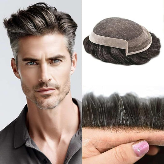 Toupee for Men Real Human Hair Swiss Lace Hairpiece for Men Hair Replacement System Poly Coated Mens Hairpieces Mens Hair System 6X9-80% Light Density 210# 2# DARKEST BROWN+10% GREY
