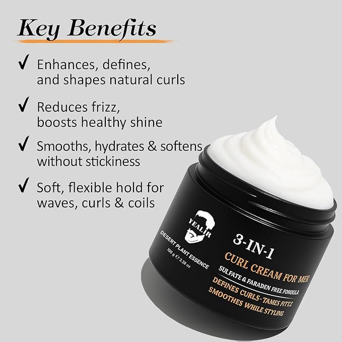 3-in-1 Curl Cream for Men - Defines Curls, Tames Frizz, Adds Smoothness and Texture for Curly and Wavy Hair, Hair Styling Cream with Desert Derived Extracts, Sulfate - Free 3.38 oz