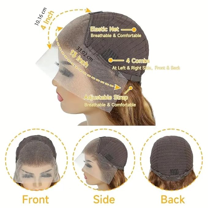 34 Inch Honey Blonde Ombre Lace Front Wig Human Hair Highlight Body Wave Lace Front Wigs Human Hair Pre Plucked 180 Density Glueless 13X4 HD Lace Frontal Wig for Women 4/27 Colored