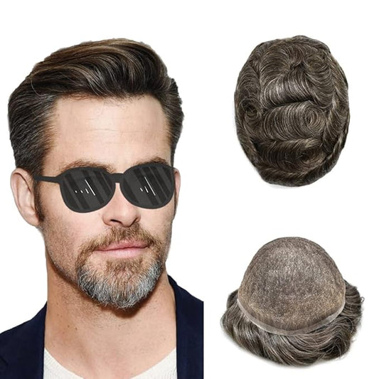 Toupee For Men Real Human Hair System For Men Full Swiss Lace Mens Toupee Lace Hair Piece For Men Hair System Bleached Knots 8x10-90% light density#350 3# DARK BROWN+50% GREY