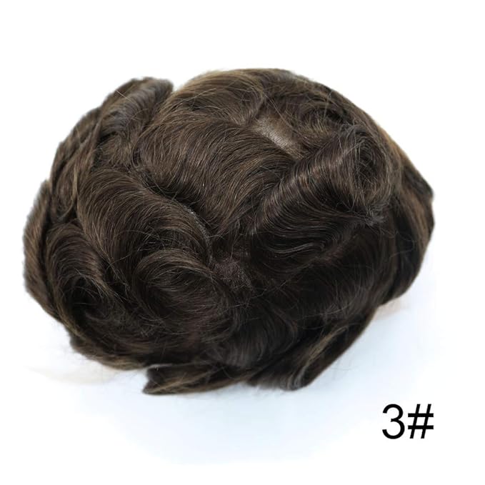 Mens Toupee Human Hair System Durable Fine Mono Lace Men Replacement PU Poly Skin Around Light to Medium Density Wig Hairpiece (7"X9", 3 Dark Brown)