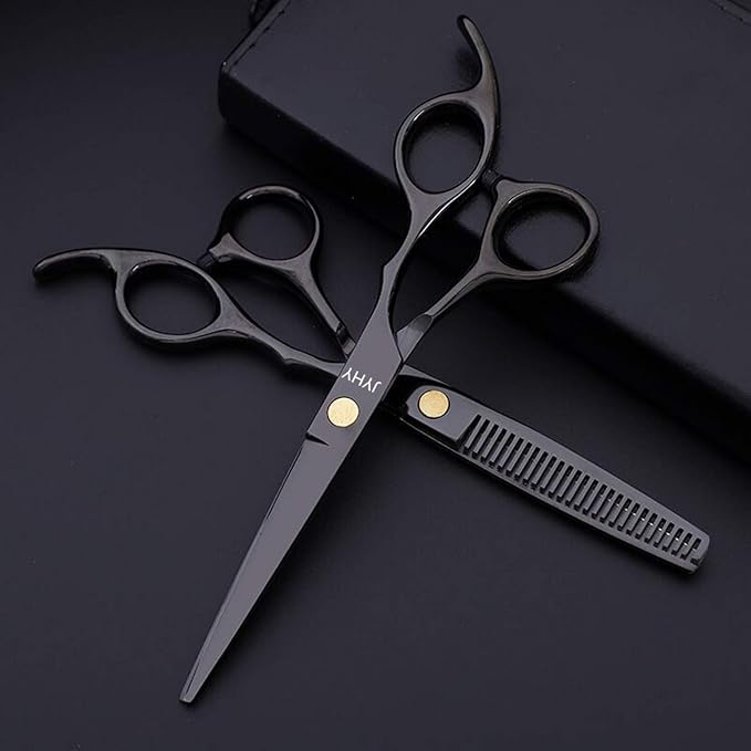 Professional Hair Cutting Scissors Shears Barber Thinning Set Kit- Family Hair Cutting,Barber Hair Cutting Tool Thinning texturizing (Black 6")