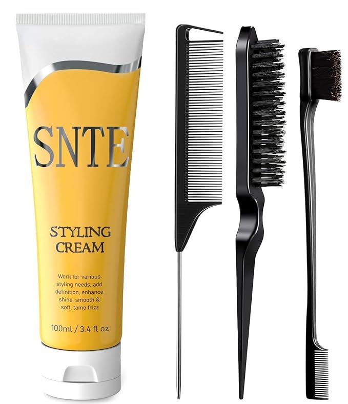 Slick Back Hair Brush & Styling Cream, Non-greasy Hair Smoothing Cream for Women, Kids Slick Back, Versatile Styling Products for Various Textures and Styles, Bun Maker for Flyaways