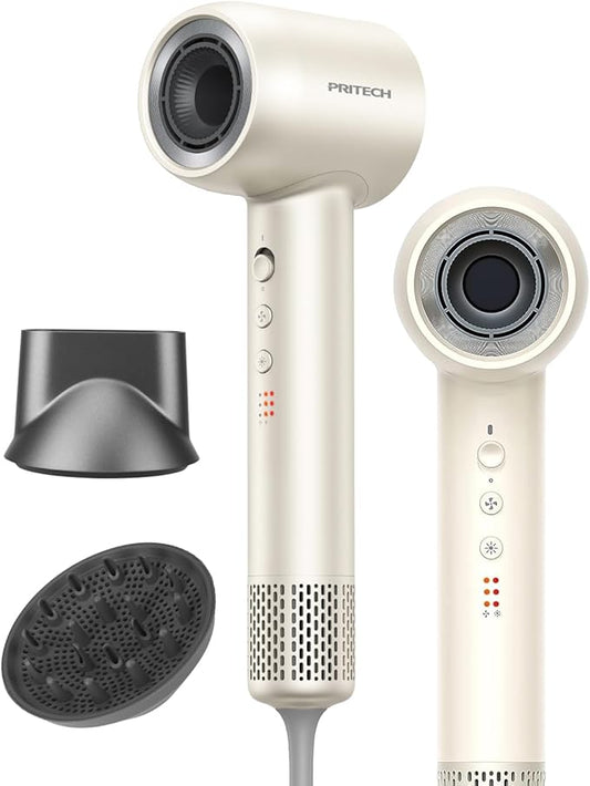 PRITECH Professional Hair Dryer with Diffuser - 1600W High-Speed 110,000 RPM Brushless Motor, Negative Ion Technology & Quiet Operation, 5 Temp 3 Speed Settings, Includes Concentrator Nozzle