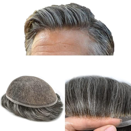 Toupee For Men Real Human Hair System For Men Full Swiss Lace Mens Toupee Lace Hair Piece For Men Hair System Bleached Knots 8x10-80% light density#250 2# DARKEST BROWN+50% GREY