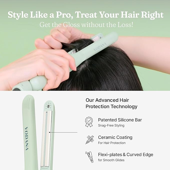 VODANA Professional Softbar Flat Iron - Ceramic Straightener with Patented Silicone Bar, Smooth & Quick Styling, Healthy Hair Solution, Dual Voltage for Worldwide Use (0.5 inch, Melange Green)