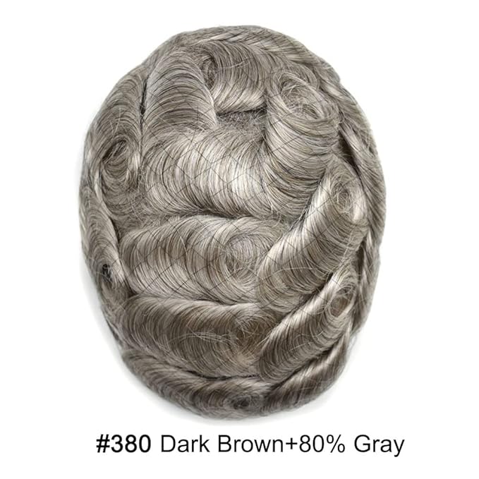 Toupee For Men Real Human Hair System For Men Full Swiss Lace Mens Toupee Lace Hair Piece For Mens Hair System Bleached Knots 8x10-80% light density#380 3# DARK BROWN+80% GREY