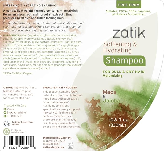 Zatik Naturals - Softening & Hydrating Shampoo + Conditioner Set - with Maca and Jojoba for all Hair, Vegan, Biodegradable, pH Balanced, Free From Sulfates, 10.8 fl oz (One of Each)