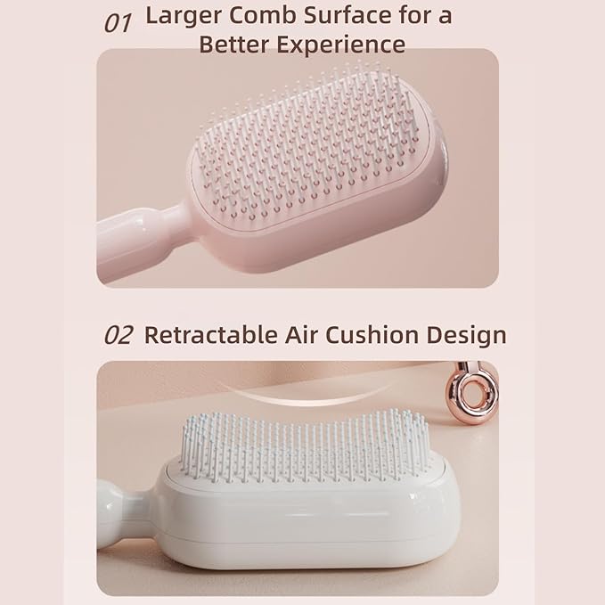 Retractable Cushion Massage Comb Brush, Self Cleaning Hair Brush For Women, One-pull Clean Anti Static Brushs (Blue+Pink+White)