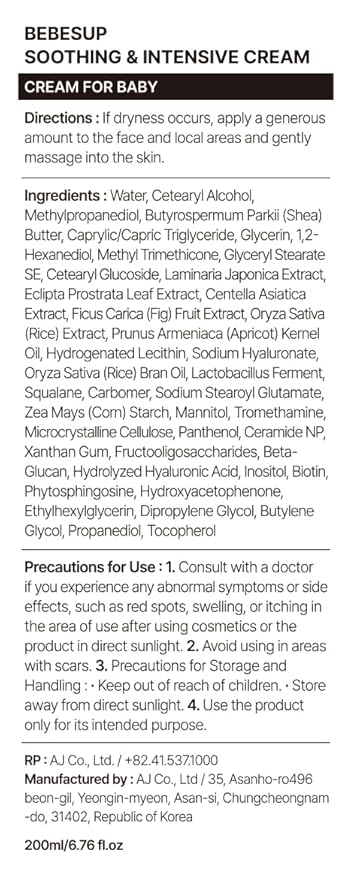 BEBESUP- 100-Hour Moisture Barrier Baby Cream | Korean Skincare for Sensitive & Atopic Skin Ceramide Capsule Organic Rice-Infused Hypoallergenic Dermatologist Approved 6.76 fl oz