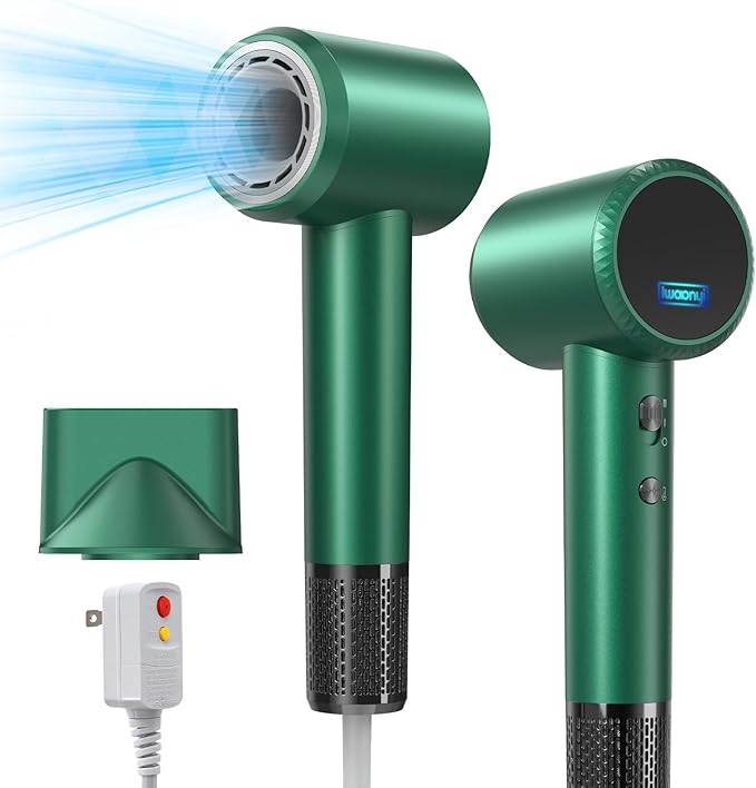 Professional Hair Dryer - 150000 RPM High-Speed, Negative Ionic for Fast Drying and Hair Care. Low Noise, 4 Temps/2 Speeds, Lightweight with Magnetic Nozzle. (Green)