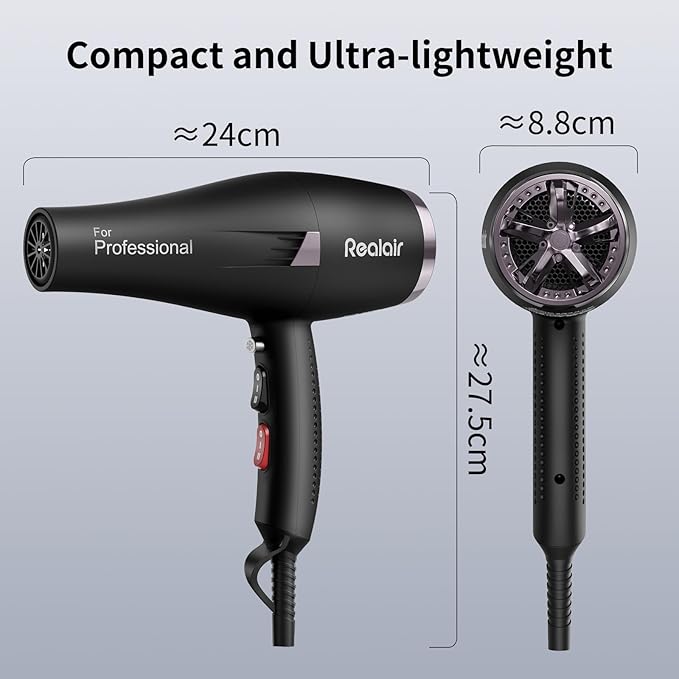 Professional 1875W Blow Dryer with Diffuser, Lightweight & Quiet Hair Dryer for Women and Men, Fast Drying with 3 Heat 2 Speed Settings, Travel Blow Dryer with Concentrator & Cold Shot (Black)