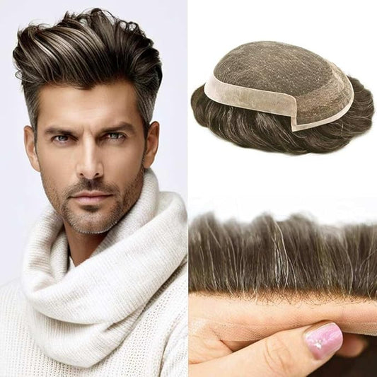 Toupee for Men Real Human Hair Swiss Lace Hairpiece for Men Hair Replacement System Poly Coated Mens Hairpieces Breathable Mens Hair System 6X8-120% Density 5# MEDIUM LIGHT BROWN
