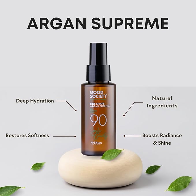 Artègo Good Society Free Shape Argan Supreme Serum (2.55 oz) – Hydrating Argan Hair Oil with Anti-Frizz, Heat Protectant for Soft, Shiny Hair