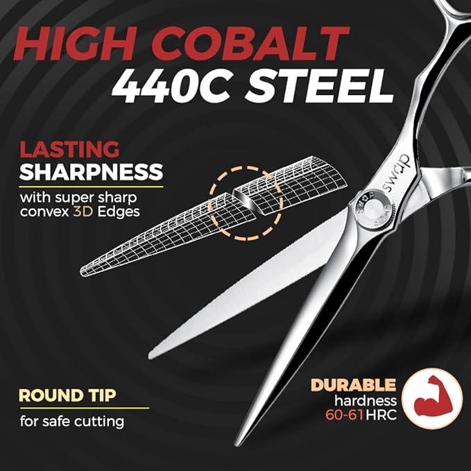 SWAP Professional Hair Cutting Scissors - 6.0'' Japanese SUS 440C Steel Barber Scissors, 60-62HRC Sharp Edge Blade with Adjustable Tension Screw for Salon & Home Use（6.0'' Hair Shears）