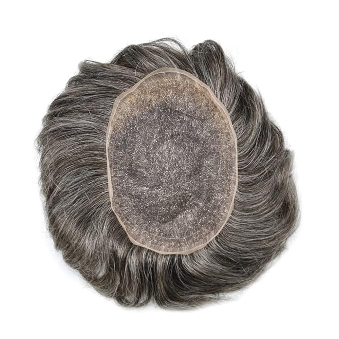 Toupee For Men Real Human Hair System For Men Full Swiss Lace Mens Toupee Lace Hair Piece For Mens Hair System Bleached Knots 7x9-80% light density#260 2# DARKEST BROWN+60% GREY