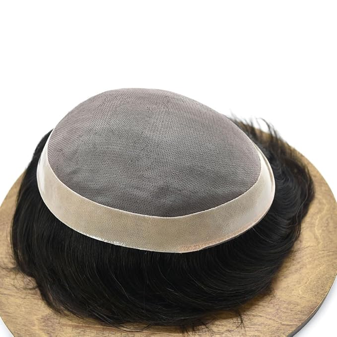 Mens Toupee Human Hair System for Men Durable Fine Mono Lace Men Replacement PU Poly Skin Around Light to Medium Density Wig Hairpiece (6"X9", 1B50 Off Black with 50% gray hair)