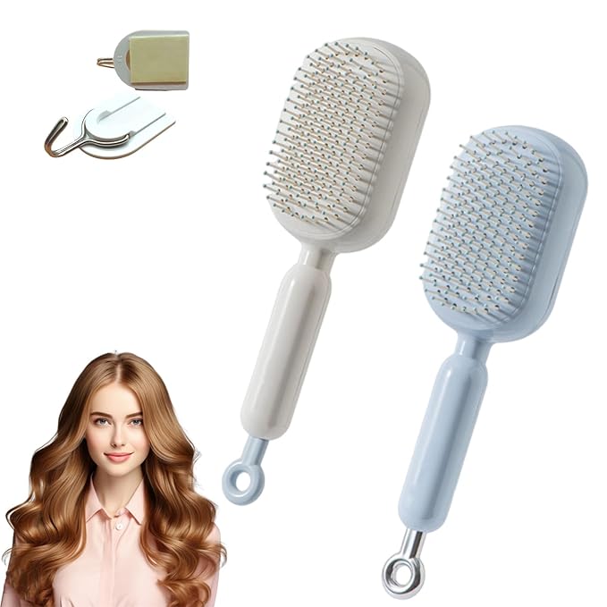 Retractable Cushion Massage Comb, Anti-Static Scalp Massager Tool, Retractable Self Cleaning Hair Brush for Women, Ergonomic Handle Hair Comb for All Types of Hairs and Wigs (Blue+White)