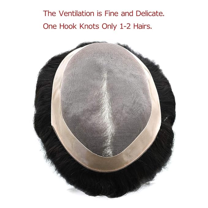 Mens Toupee Human Hair System Durable Fine Mono Lace Men Replacement PU Poly Skin Around Light to Medium Density Wig Hairpiece (5"X7", 2 Darkest Brown)