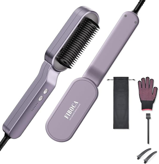 Ionic Hair Straightener Brush, FIBOCA 2 in 1 Straightening Brush, Straightening Comb with Negative Ions for Women, Ceramic Hair Straightener Comb Fast Heating for Home Salon, Professional Styling Tool