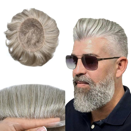 Toupee For Men Real Human Hair System For Men Full Swiss Lace Mens Toupee Lace Hair Piece For Men Hair System Bleached Knots 8x10-90% light density#760 7# VERY LIGHT BROWN+60% GREY