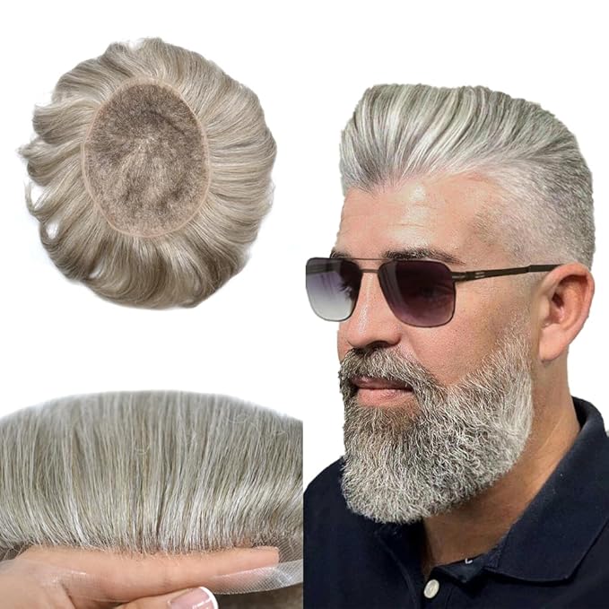 Toupee For Men Real Human Hair System For Men Full Swiss Lace Mens Toupee Lace Hair Piece For Men Hair System Bleached Knots 8x10-90% light density#650 6# LIGHT BROWN+50% GREY