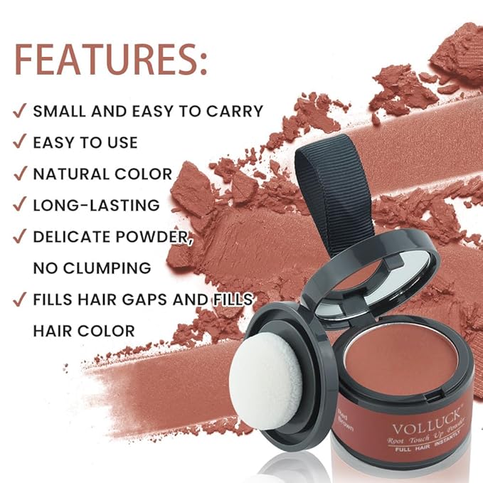 VOLLUCK Root Touch up Powder, Instant Hairline Powder for Thinning Areas and Gray Hair Coverage, Natural and Non-greasy Root Cover up for Women and Men (Red Brown, 0.14 Ounce)