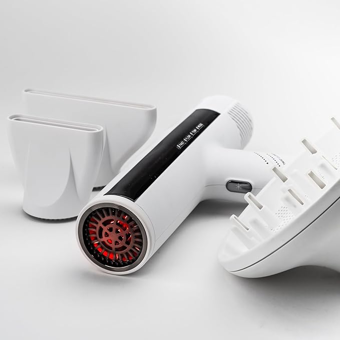 SRILabs DryQ ‘Smart’ Hair Dryer – White Edition – Super Lightweight, Foldable – Powerful, Quiet Motor – Infrared & Ionic Technology – 3 Magnetic Attachments – Heat Control with Locking Switch