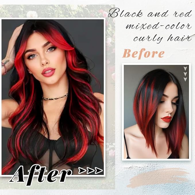Vigorous Clip in Hair Extensions 4PCS Long Wavy Hair Extension 20Inch Thick Synthetic Hairpieces Fiber Double Weft Hair for Women(Black with Red Highlights)