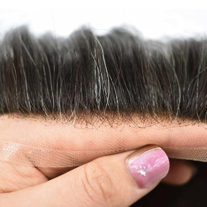 Toupee for Men Real Human Hair Swiss Lace Hairpiece for Men Hair Replacement System Poly Coated Mens Hairpieces Mens Hair System 6X8-120% light density 210# 2# DARKEST BROWN+10% GREY