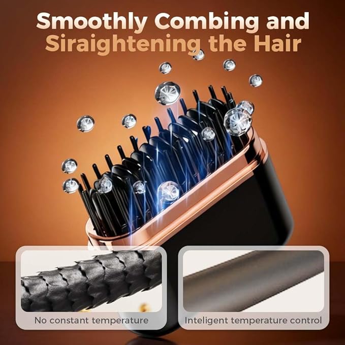 Mini Hair Straightener Brush, Rechargeable Portable Mini Straightening Comb, 3-Speed Temperature Control, Travel Size Pocket Hair Straightener for Women (Pink)