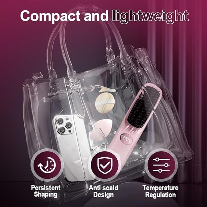 Portable Straightener Brush for Travel, USB Rechargeabl Fast Heating Hair Straightener Comb with 3 Temperature & LED Display, Women Travel Essentials (Purple)