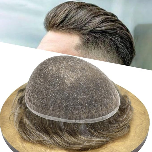 Toupee For Men Real Human Hair System For Men Full Swiss Lace Mens Toupee Lace Hair Piece For Men Hair System Bleached Knots 8x10-90% light density#630 6# LIGHT BROWN+30% GREY