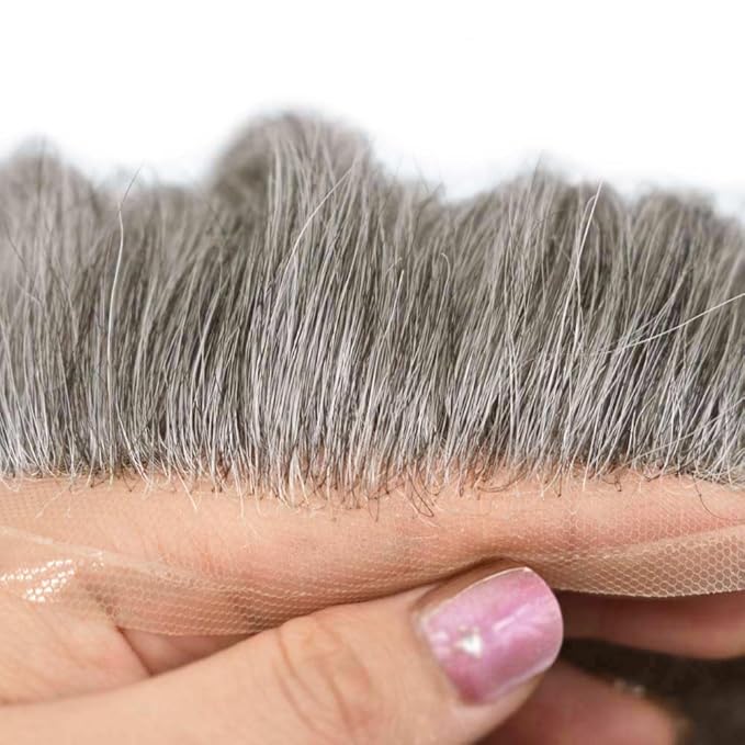 Toupee for Men Real Human Hair Swiss Lace Hairpiece for Men Hair Replacement System Poly Coated Mens Hairpieces Mens Hair System 6X8-80% Light Density 450# 4# MEDIUM BROWN+50% GREY
