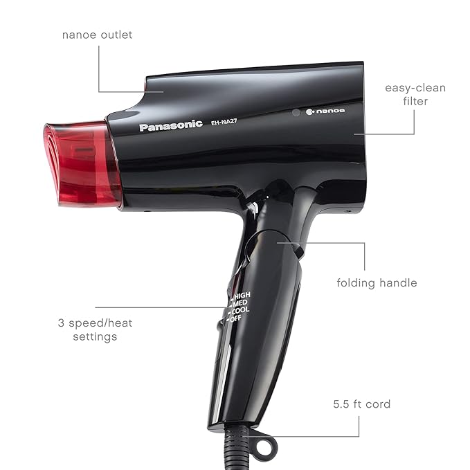Panasonic nanoe Compact Hair Dryer for Healthy-Looking Hair, 1400W Portable, Folding Handling and QuickDry Nozzle for Fast Drying – EH-NA27-K (Black/Pink)