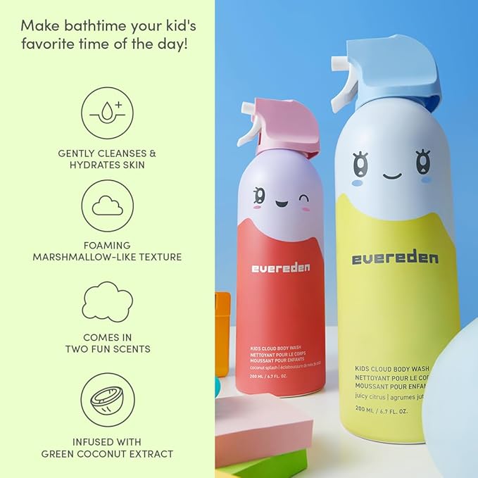 Evereden Kids Bathtime Trio: Hair Detangling Shampoo & Conditioner Set + Cloud Body Wash - Clean & Vegan Kids Haircare Set Paired With Fun Foaming Body Wash - No Sulfates, Paraben, or Phthalate