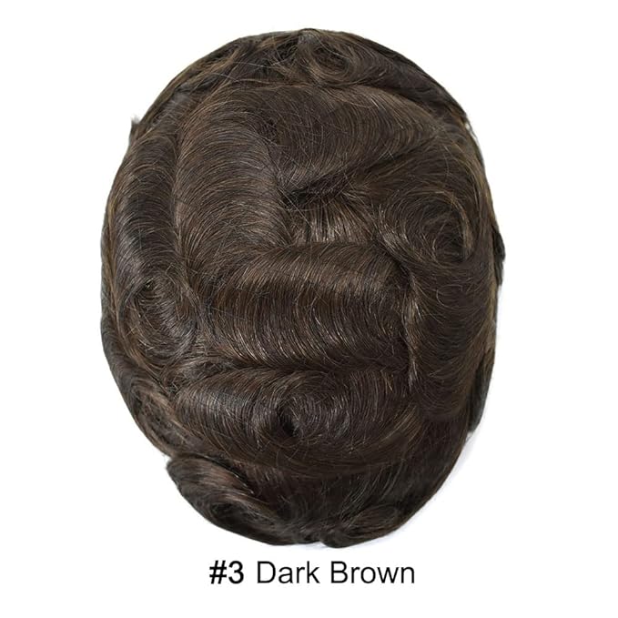 Mens Toupee Human Hair System Durable Fine Mono Lace Men Replacement PU Poly Skin Around Light to Medium Density Wig Hairpiece (6"X9", 3 Dark Brown)